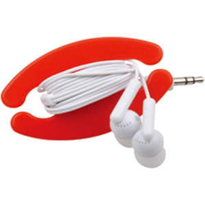 A red cable organiser holds white earphones neatly coiled, featuring a 3.5mm audio jack at one end.