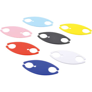 A set of eight cable organisers in various colours including blue, pink, red, black, yellow, and white.