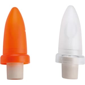 A pair of wine stoppers, one orange and one clear, designed for sealing bottles. Each has a plastic base.