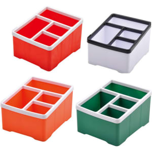 Four desk organisers in red, orange, green, and white, featuring various compartment sizes for storage.