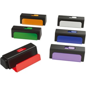 A set of mobile stands in various colours including black, green, purple, orange, red, and white, featuring built-in screen cleaners.