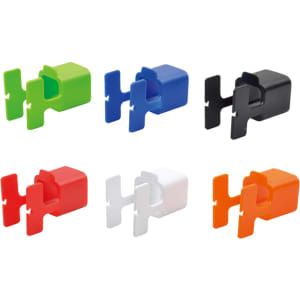 A set of cable organisers in green, blue, black, red, white, and orange, designed to tidy and manage cables.