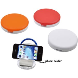 A mobile stand with a mirror and cloth, available in orange, red, and white, featuring a phone holder.