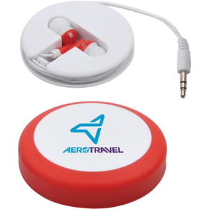 Earbuds in a compact white and red case, featuring a logo on the lid and a tangled cord inside.