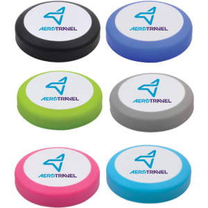 A set of six colourful silicone cases for earbuds, featuring a logo on the top of each case.