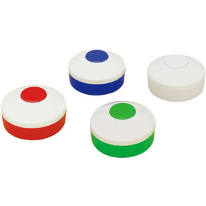 Four round pill boxes in red, blue, green, and white, each with a coloured button on top and a logo.
