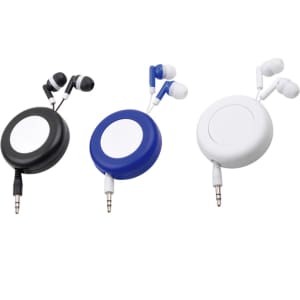 Earbuds in black, blue, and white retractable cases, featuring a round design and an audio jack connection.
