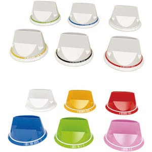 A collection of phone stands in various colours: white, black, red, yellow, blue, green, and pink, featuring circular bases.