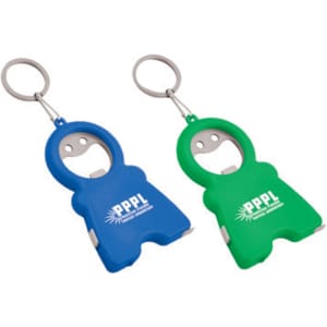 A drink bottle opener in blue and green, featuring a keyring and additional light and tape measure functions.