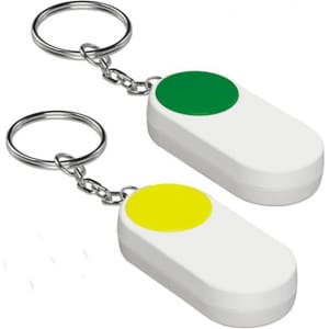 Two pill boxes with keychain attachments, one featuring a green lid and the other a yellow lid, both in white.