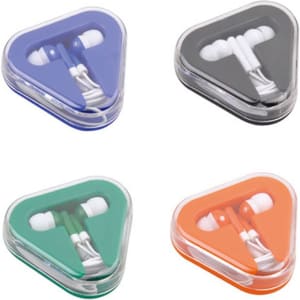 Earbuds in cases featuring purple, black, green, and orange colours, each with a clear plastic cover.