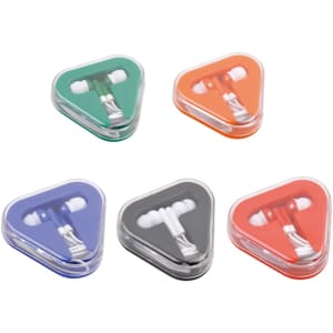 A set of earbuds in cases, featuring green, orange, purple, and grey triangular designs. Each case has a branding logo.