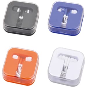 Earbuds in cases, featuring four colours: black, blue, orange, and white. Each case has a logo on it.