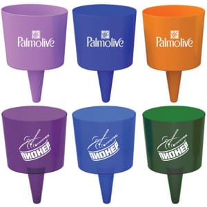 A set of six plastic cups in purple, blue, orange, green, and dark purple, with logos on some cups.