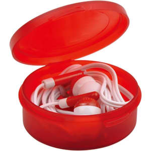 A red case containing white earbuds with a matching red accent, partially open to reveal the contents inside.