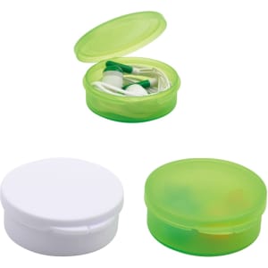 Green case containing earbuds, with a white case shown separately. Both cases are round in shape.