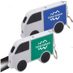 A tool set featuring a light, tape measure, and keyring, shaped like a vehicle in blue and green colours.