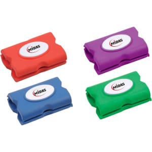 A selection of cable organisers in red, purple, blue, and green, featuring a logo on each.
