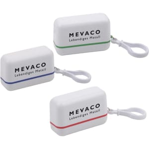 Earbuds in cases, featuring three colours: white with blue, green, and red accents. Each case has a loop for attachment.