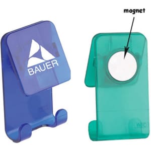 A transparent blue and green magnetic hook with a logo. The hook has a rounded, magnetic back for attachment.
