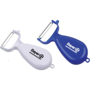 A set of dual-coloured peelers in white and blue, featuring a logo on the handle.