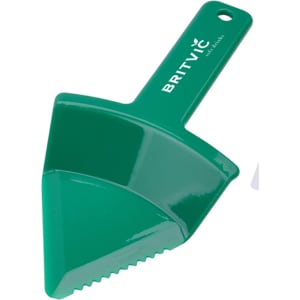 A green cake cutter with a serrated edge and a handle, featuring a logo.