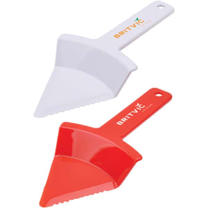 A set of two cake cutters in white and red, featuring serrated edges and curved handles, with a logo.