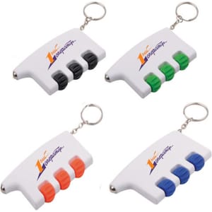 A multi-coloured keychain massager with four buttons, featuring a logo on a white background.