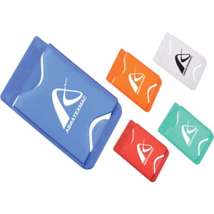 A collection of five phone wallets in various colours: blue, orange, red, green, and white, featuring a logo.