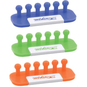 A set of cable organisers in blue, green, and orange with multiple pegs on a rectangular base featuring a logo.