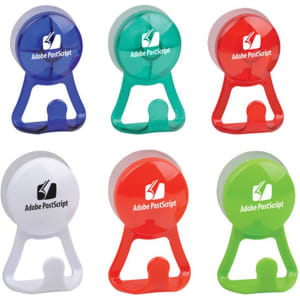 A set of six phone holders in blue, red, green, and white, featuring a logo on the front.