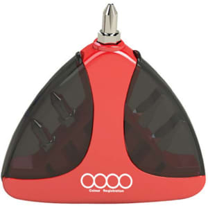 A red tool set with grey accents featuring various screwdriver bits, neatly housed in a triangular holder.