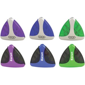 A set of six triangular tool sets in purple, blue, green, and grey, featuring various tools with a logo.
