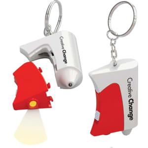 A red and white emergency hammer keyring with a small light and a keychain attachment. Features a branding logo.