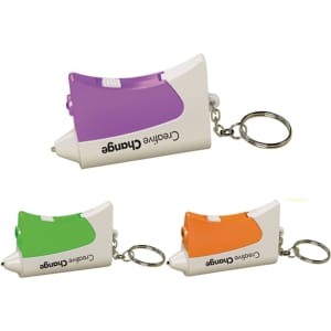 A keyring emergency hammer in purple, green, and orange, featuring a logo. It is compact and designed for easy carrying.