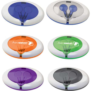 A collection of six colourful earbuds in cases: blue, orange, green, purple, black, and white. Each case has a logo.