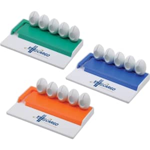 A cable organiser featuring three colour variations: green, blue, and orange, with white cable slots and a logo.