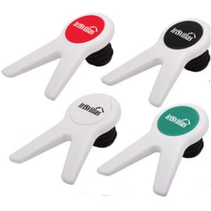 A set of four wine stoppers in red, black, green, and white, featuring a logo on each.
