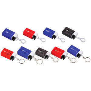 A set of earbuds in cases, featuring red, blue, and black colours, with keychain attachments and branding.