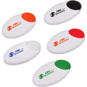 A pill box set with five oval containers in white, featuring black, orange, red, and green lids. Each container has a logo.