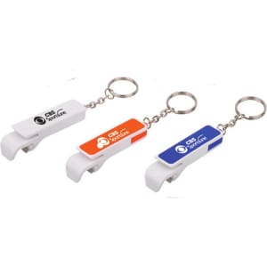 A drink bottle opener keychain in white, orange, and blue, featuring a logo on the side.