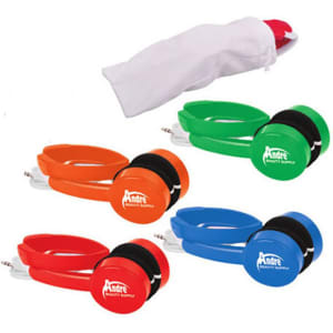 Foldable headphones in orange, green, red, and blue, accompanied by a white storage pouch.