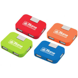 A USB hub featuring four ports, displayed in orange, green, blue, and red, each with a logo.