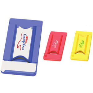 A set of three brightly coloured card holders in blue, red, and yellow, featuring a logo on the front.