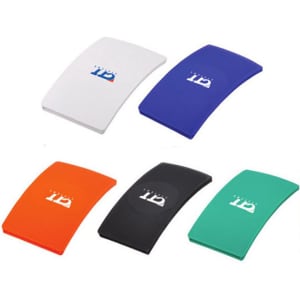 A set of five card holders in white, blue, orange, black, and green, featuring a logo on each holder.
