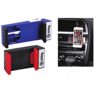 A mobile phone car stand in blue and black, featuring red accents, designed for securing devices in vehicles.