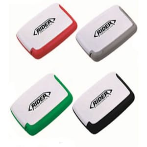 A set of four card holders in red, green, grey, and black with a logo on each.