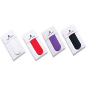 A set of Mobile Stand Card Holders in white, red, purple, and black, featuring a branding logo on a card.