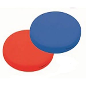 A red and blue round cushion set, featuring a smooth surface and a simple design. Each cushion has a logo.
