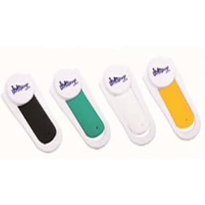 A set of four mobile stands in black, green, white, and yellow, featuring a logo on each.